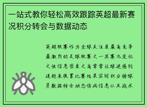 一站式教你轻松高效跟踪英超最新赛况积分转会与数据动态