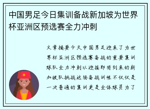 中国男足今日集训备战新加坡为世界杯亚洲区预选赛全力冲刺